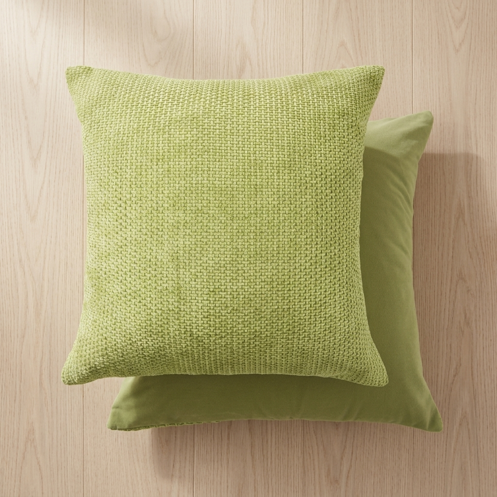 Sage green boucle woven cushion cover on wooden floor, front and back view, Kumperi