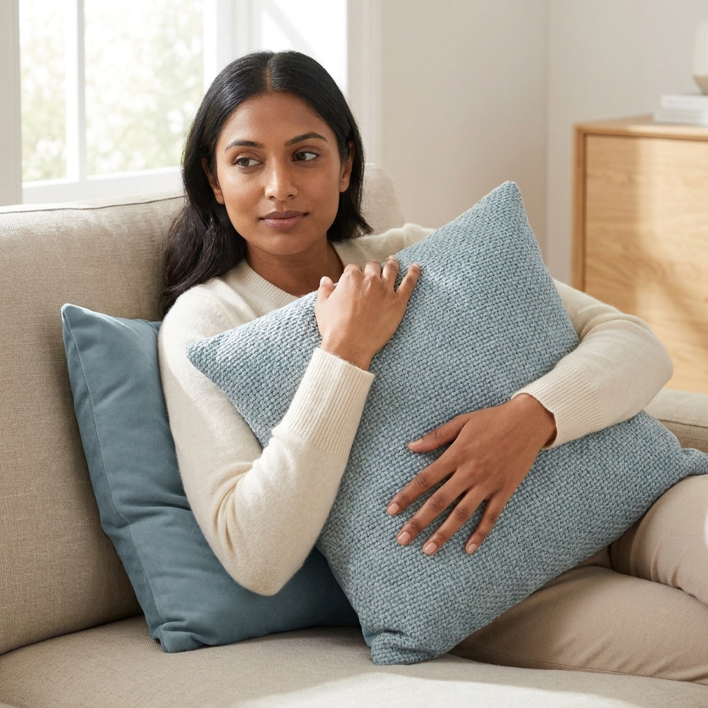 Woman on sofa hugging silver grey boucle woven cushion cover, Kumperi