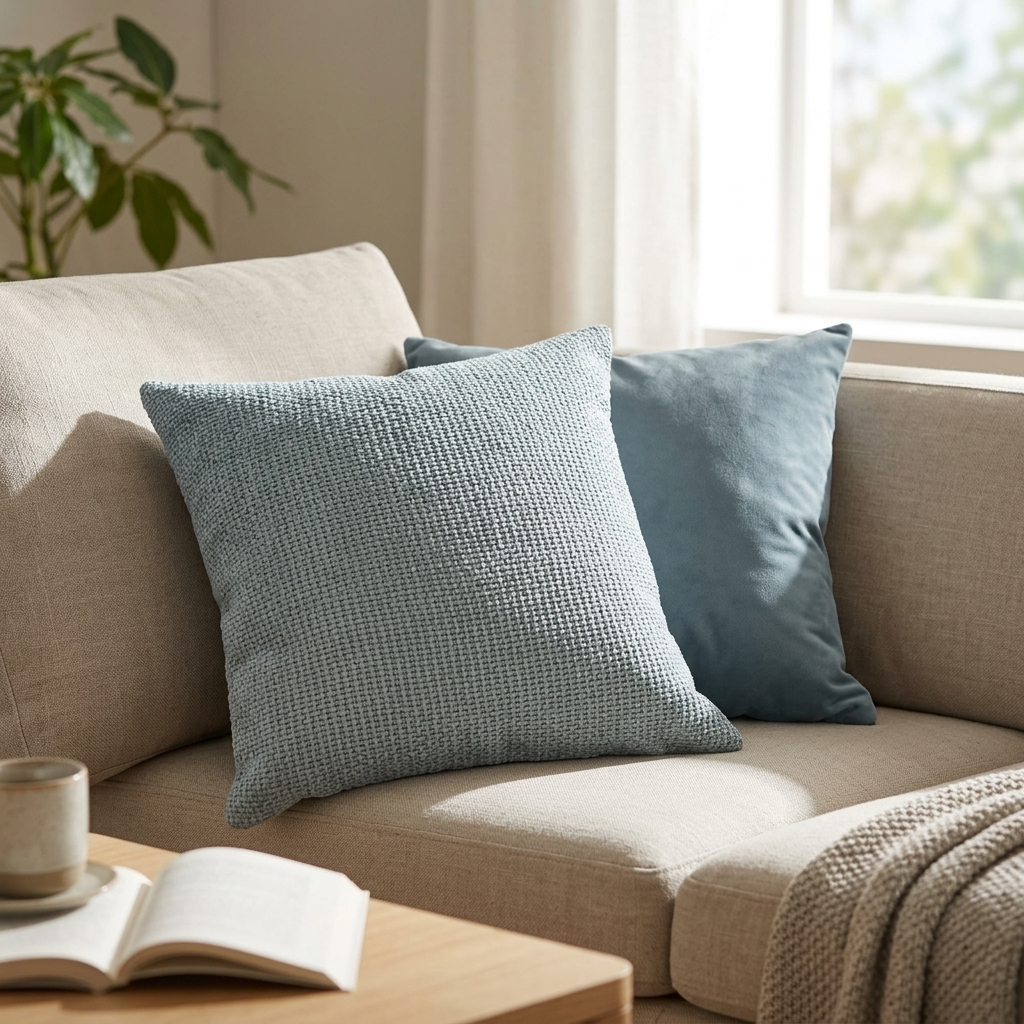 Silver grey boucle woven cushion cover on beige sofa beside potted plant and knitted throw, Kumperi