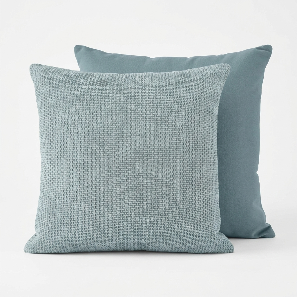 Silver grey boucle woven cushion cover on white background, front and back view, Kumperi