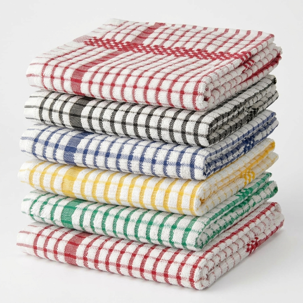 Folded stack of assorted checked terry tea towels on white background, Kumperi