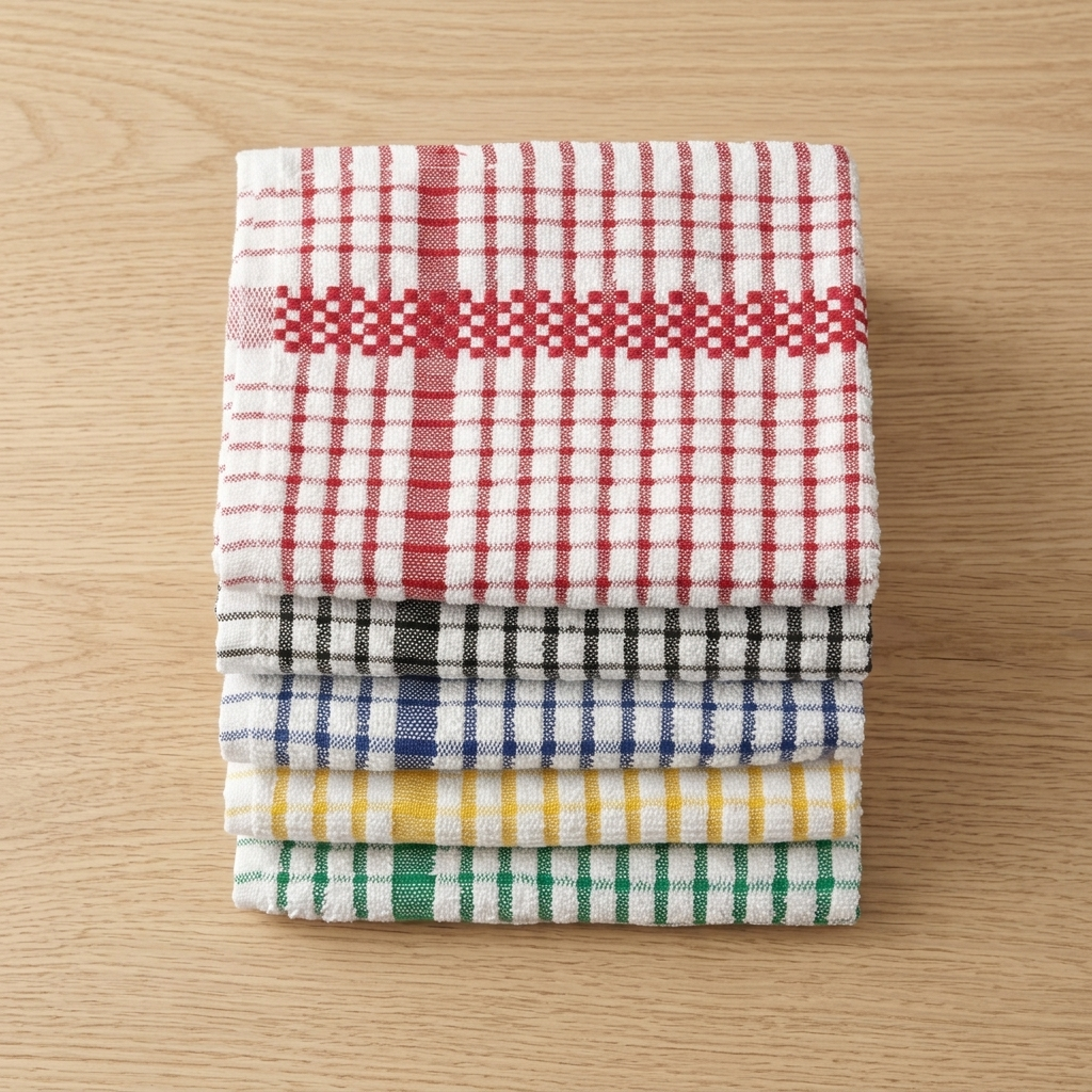 Folded stack of assorted checked terry tea towels on light wood surface, Kumperi