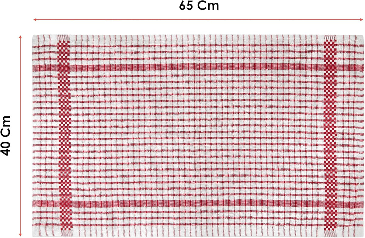 Red checked terry tea towel laid flat showing 65cm by 40cm size, Kumperi