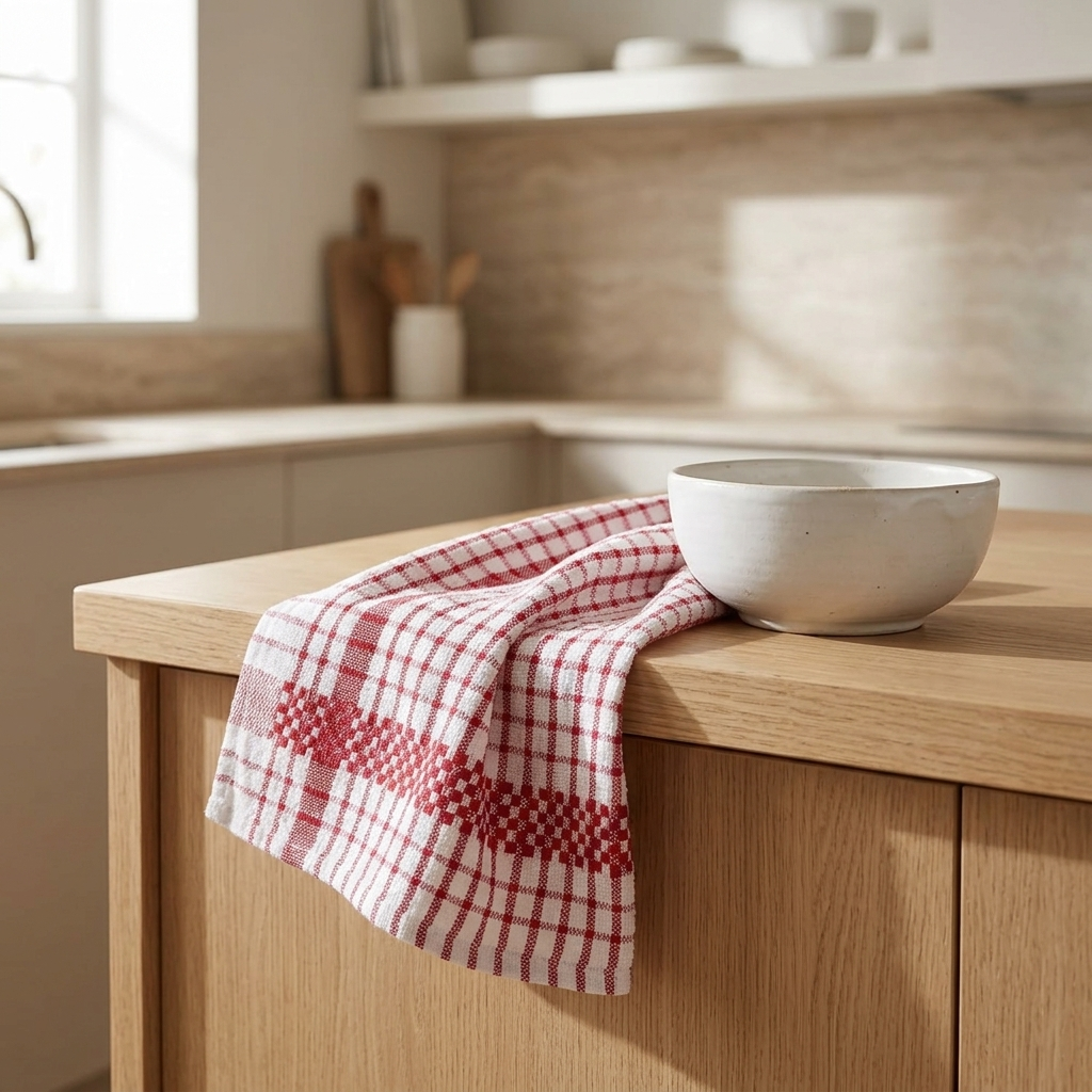 Red checked terry tea towel draped over wooden kitchen counter beside ceramic bowl, Kumperi