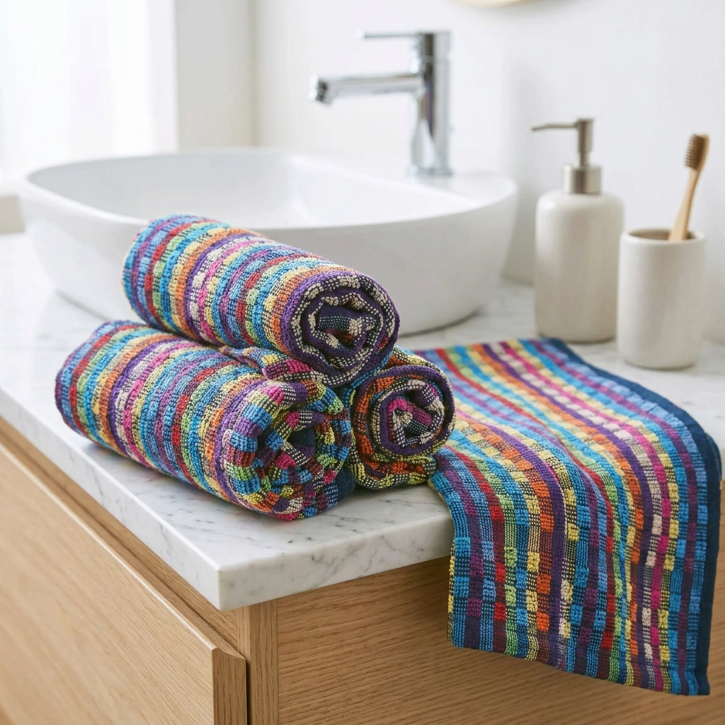 Rolled multicolour striped terry utility towels on marble bathroom countertop beside sink, Kumperi