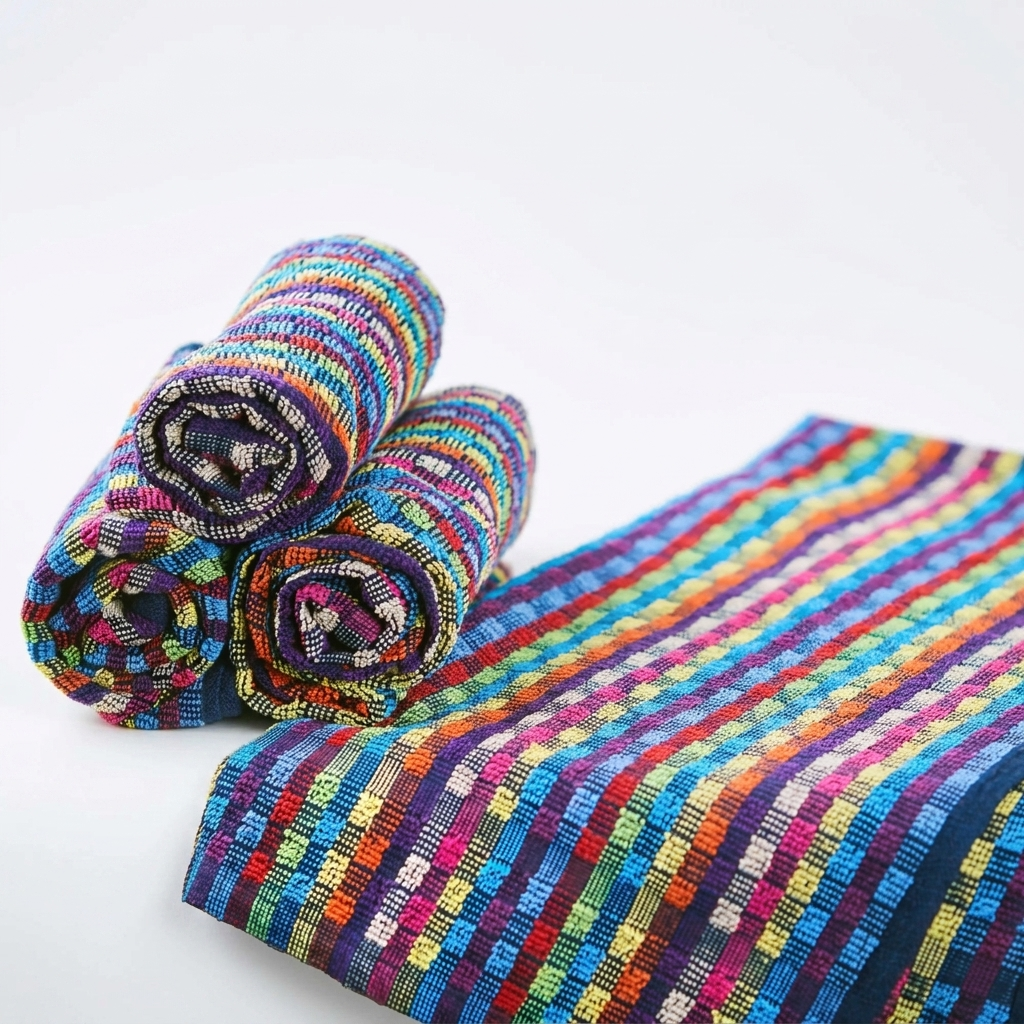 Rolled and flat multicolour striped terry utility towels on white background, Kumperi