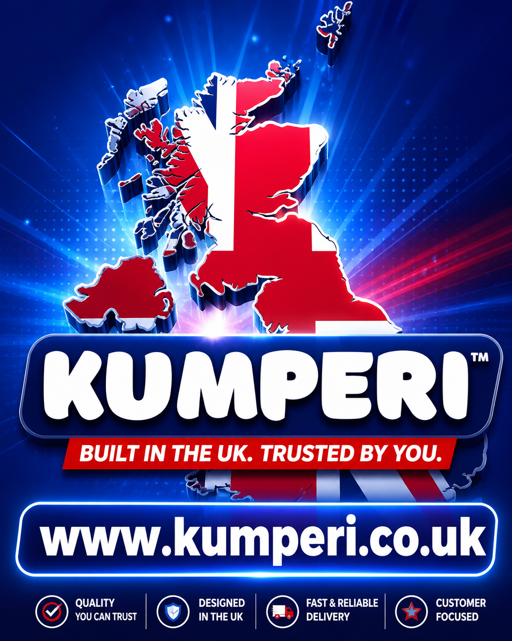 Kumperi UK home textiles brand banner featuring British flag map graphic with tagline Built in the UK, Trusted by You.