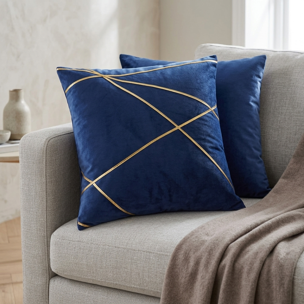 Navy velvet cushion covers with gold geometric strap detailing styled on grey armchair beside knitted throw, Kumperi