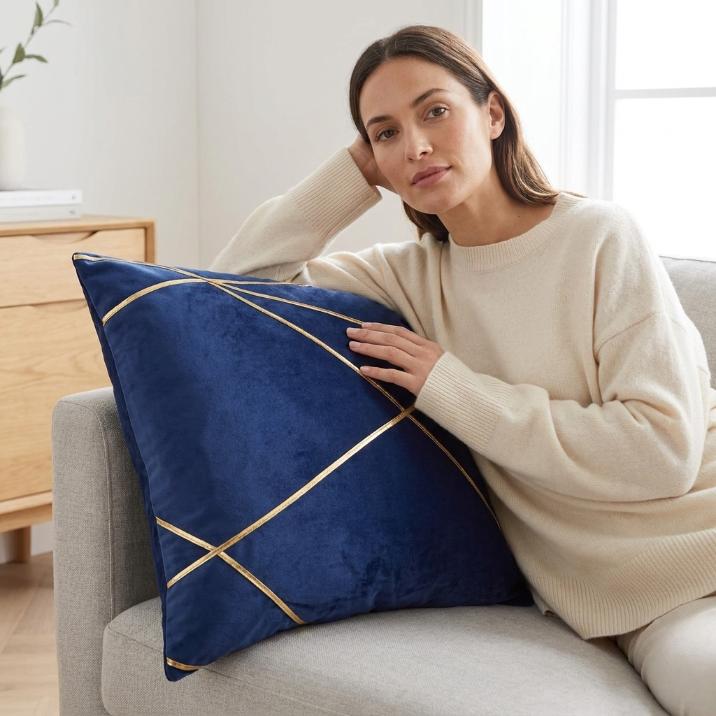 Woman on sofa leaning on navy velvet cushion cover with gold geometric strap detailing, Kumperi