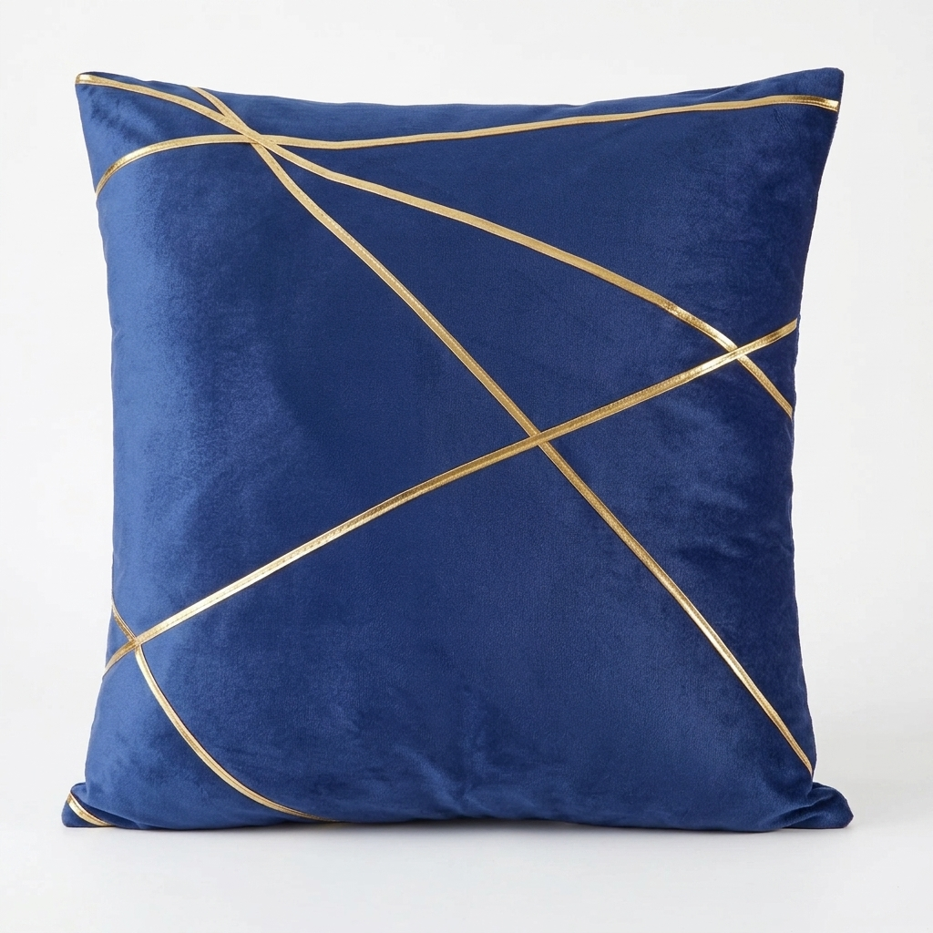 Navy velvet cushion cover with gold geometric strap detailing on white background, Kumperi