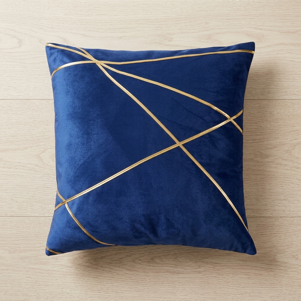 Navy velvet cushion cover with gold geometric strap detailing on wooden floor, Kumperi