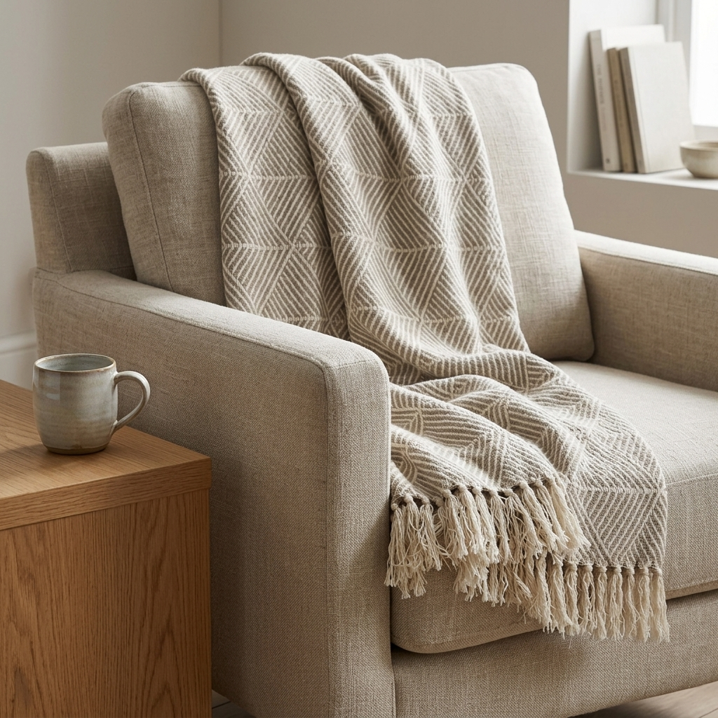 Natural herringbone throw draped over armchair beside wooden side table with mug, Kumperi