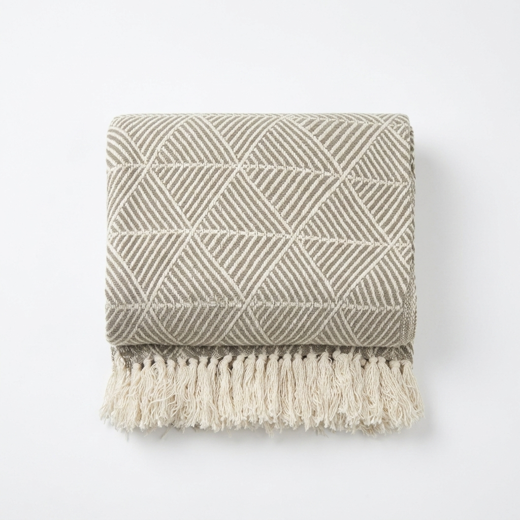 Natural herringbone throw folded flat with fringe on white studio background, Kumperi