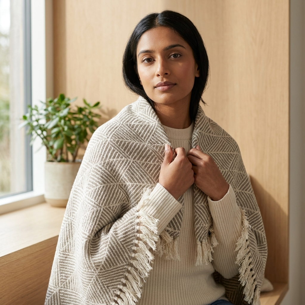 Woman wrapped in natural herringbone throw sitting by window, Kumperi