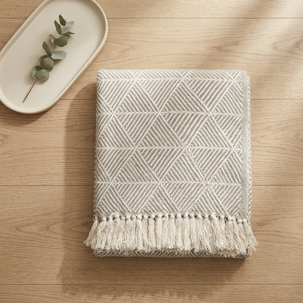 Natural herringbone throw folded on wooden floor beside dish with eucalyptus sprig, Kumperi