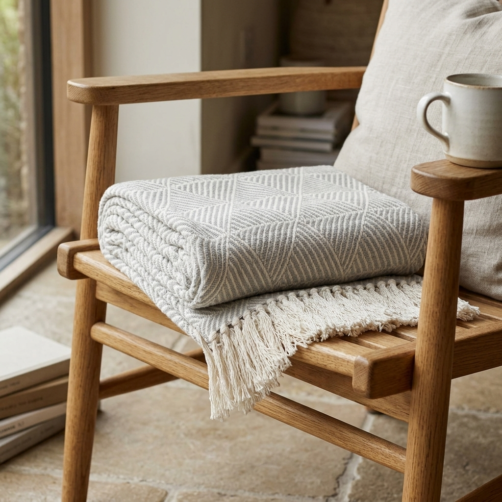Silver herringbone throw folded on wooden armchair beside cushion and mug, Kumperi