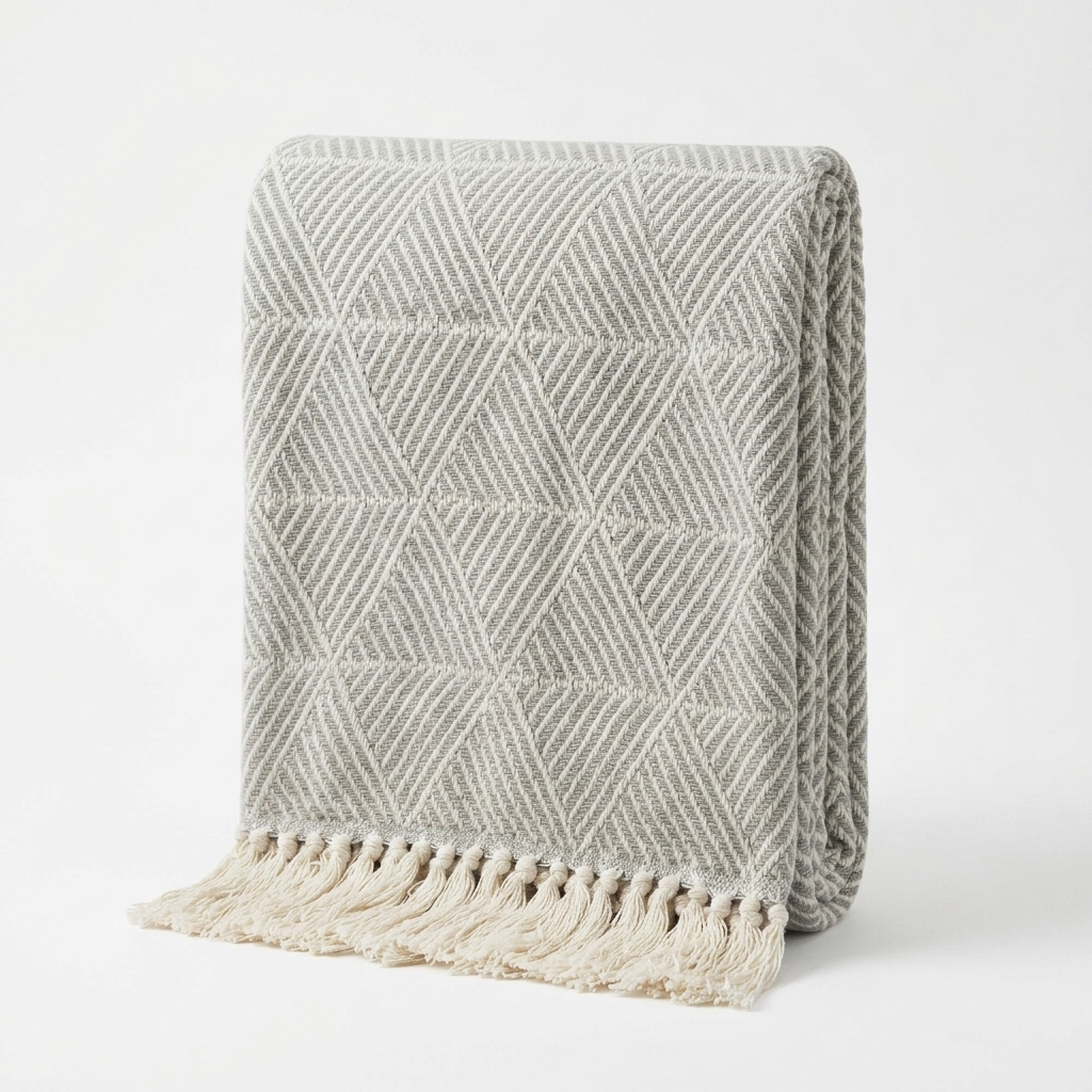 Silver herringbone throw folded standing upright on white studio background, Kumperi