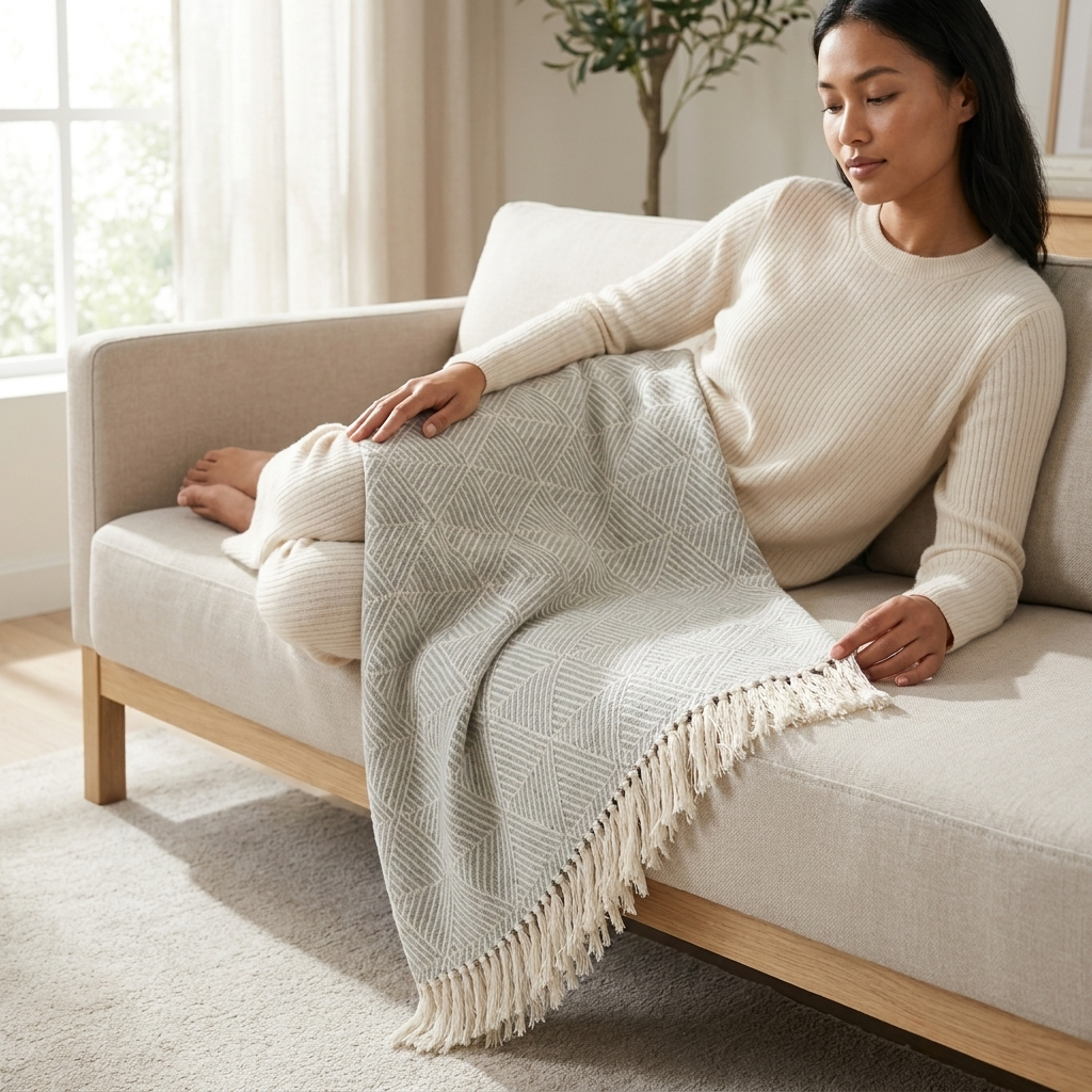 Woman wrapped in silver herringbone throw sitting on sofa by window, Kumperi
