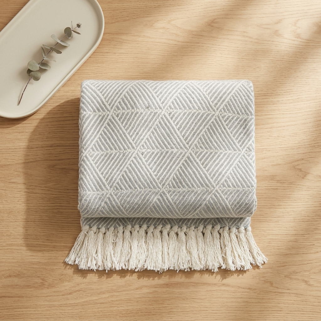 Silver herringbone throw folded on wooden floor beside dish with eucalyptus sprig, Kumperi