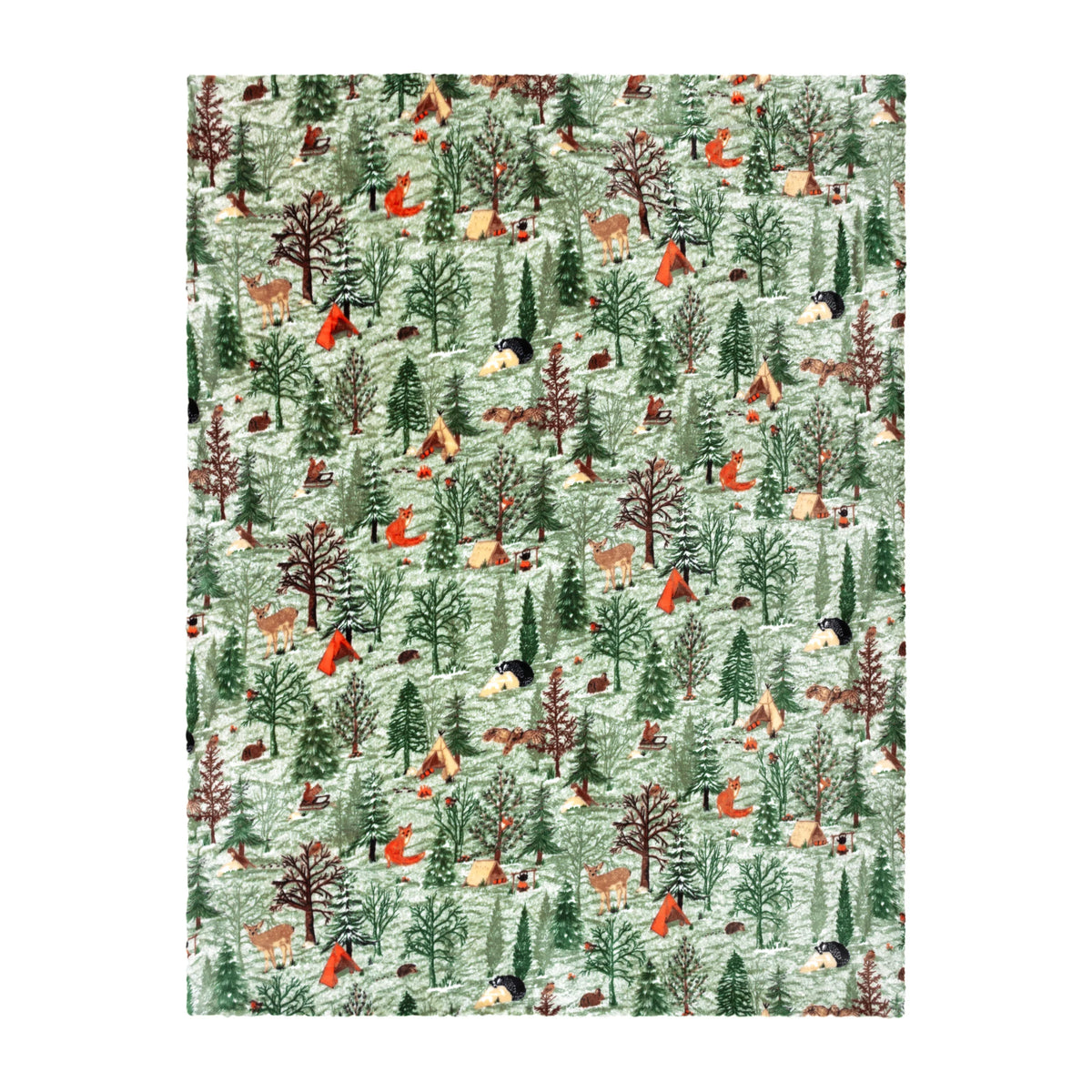 Flat top-down view of the throw showing the full repeat pattern of deer, foxes, badgers, squirrels, hares, camping tents and campfires among snow-dusted pine and oak trees on a green ground – Kumperi