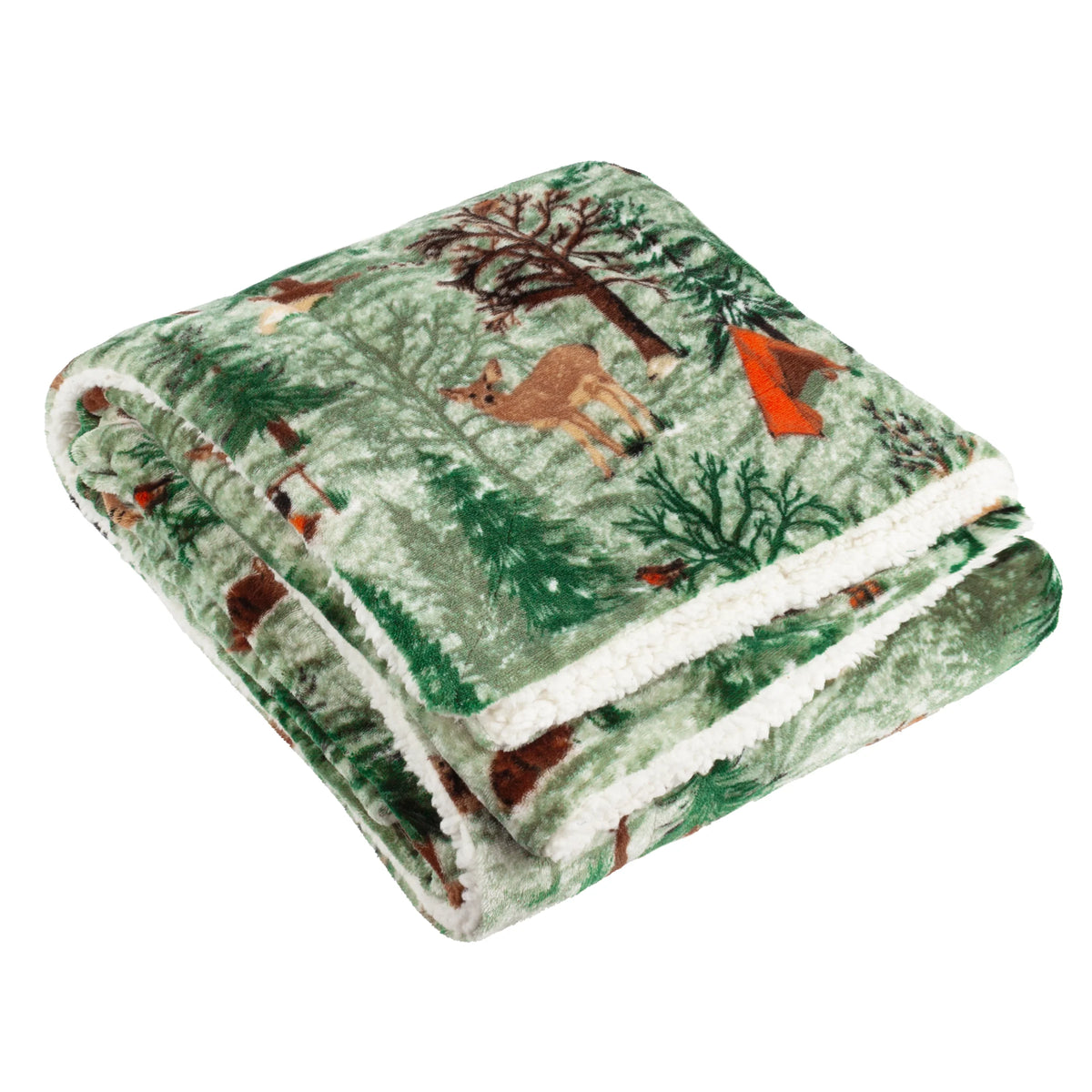 Folded green fleece throw showing a printed woodland scene with a deer, fox, birds, pine trees and a camping tent, with the cream sherpa fleece reverse visible along the folded edge – Kumperi