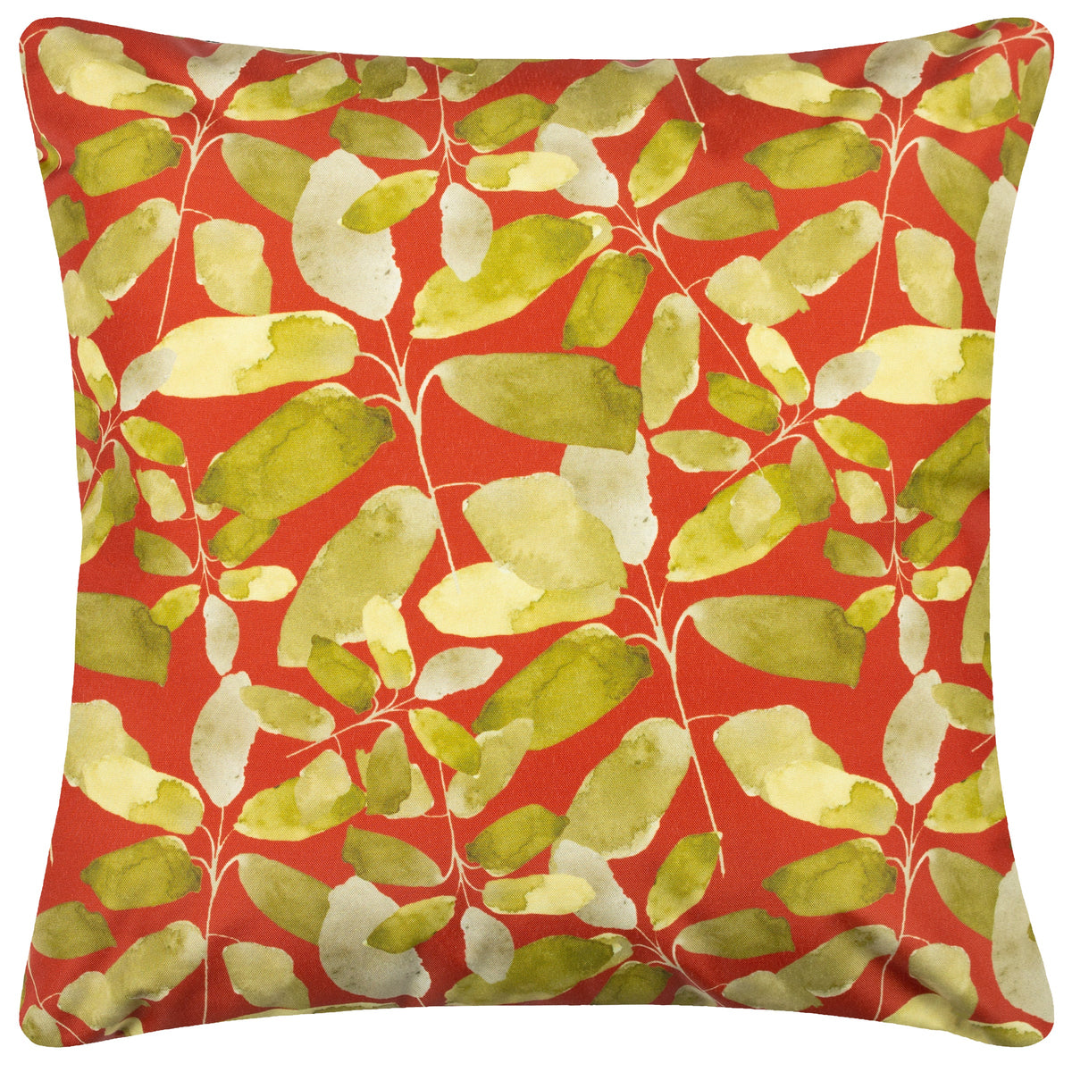 Square outdoor cushion with an olive, sage and cream leaf branch print on a brick red background – Kumperi