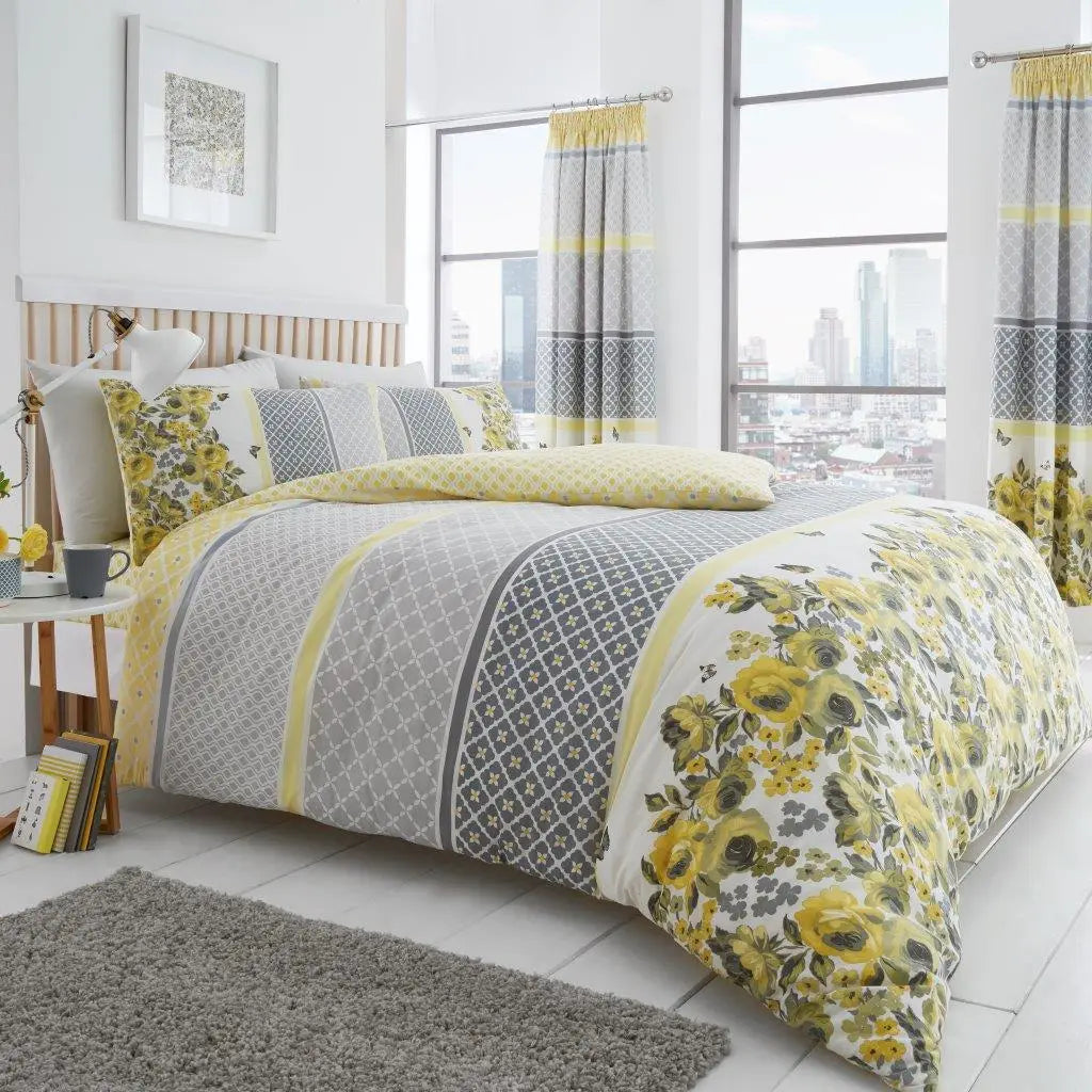 Celestial Floral King Complete Bed Set | Yellow Grey | Fitted Sheet Included | Kumperi