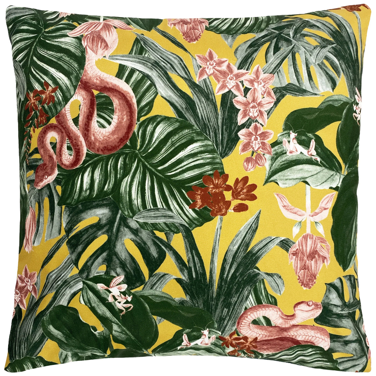 Square mustard outdoor cushion with a tropical print of green monstera and palm leaves, pink orchid flowers, red blooms, a pink snake winding through the foliage and tiny white mice hidden among the leaves – Kumperi