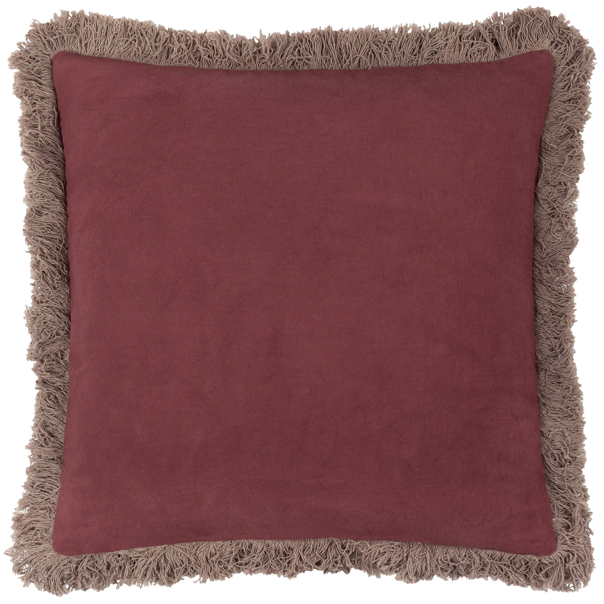 Plain burgundy velvet reverse side of the cushion finished with a grey fringe trim along all four edges – Kumperi