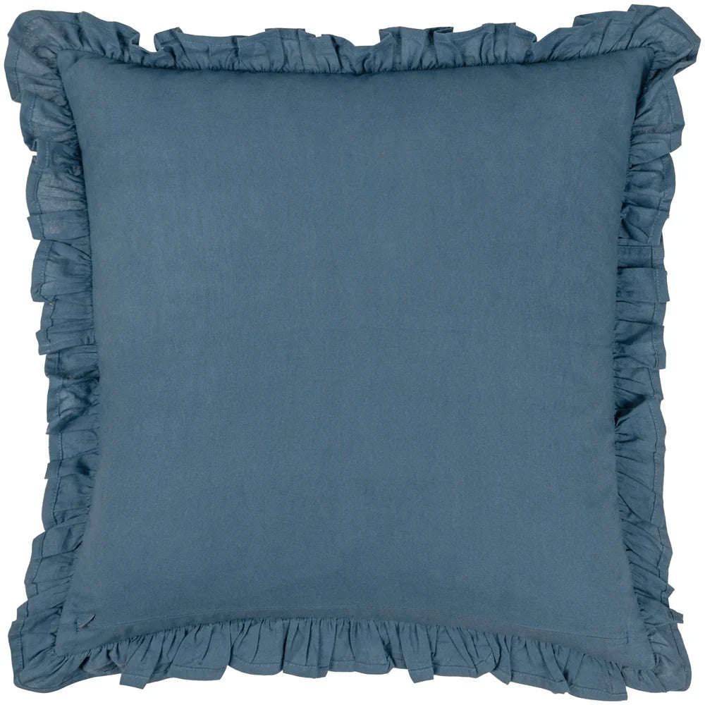 Plain French blue cotton reverse side of the cushion finished with a matching gathered fringe trim around all edges – Kumperi