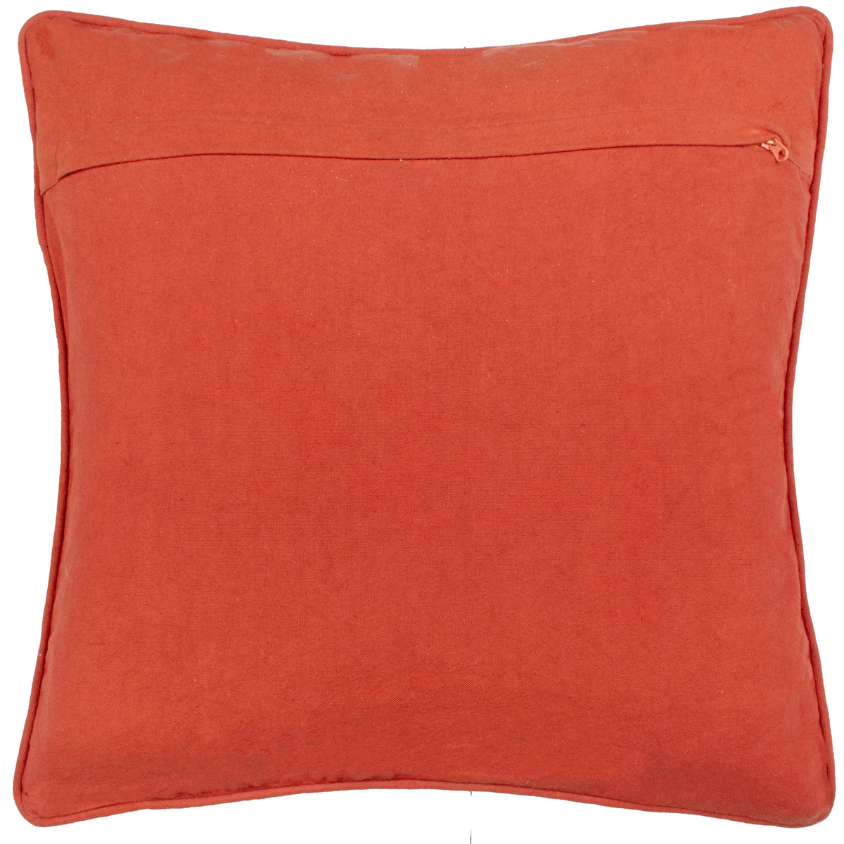 Plain burnt orange cotton reverse side of the cushion with a concealed zip closure along the top edge – Kumperi