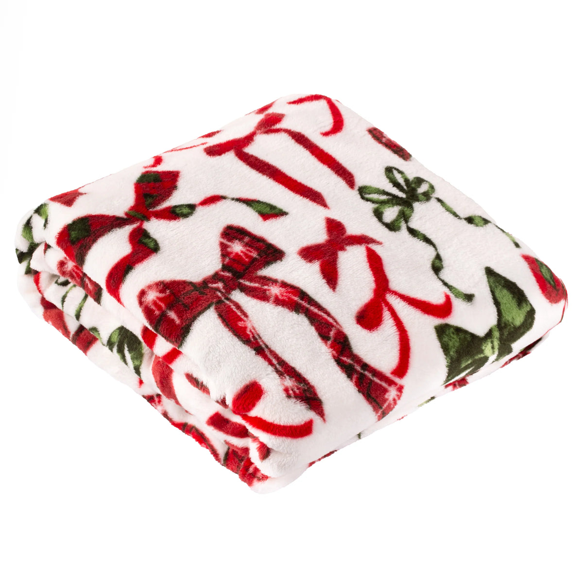 Folded cream fleece throw with an all-over print of red bows, plaid ribbon bows and dark green bows scattered across the fabric – Kumperi