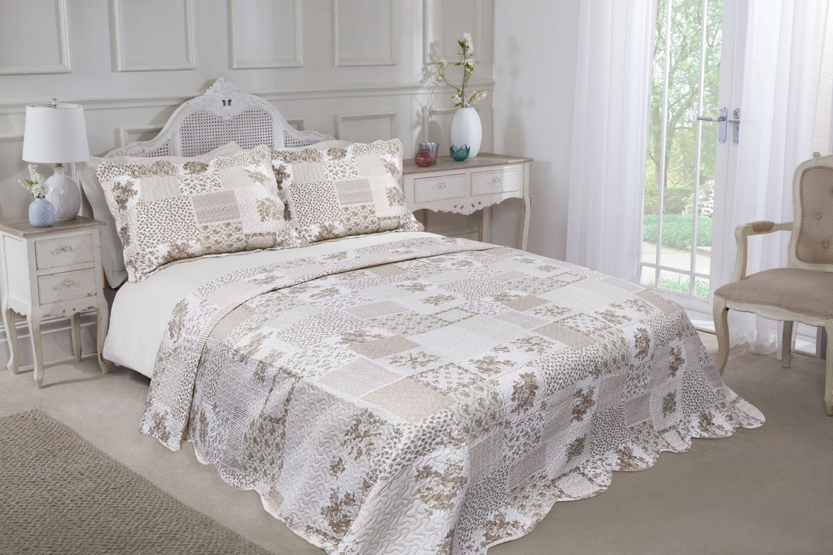 Natural luxury quilted patchwork floral bedspread set with scalloped edge and matching pillow shams