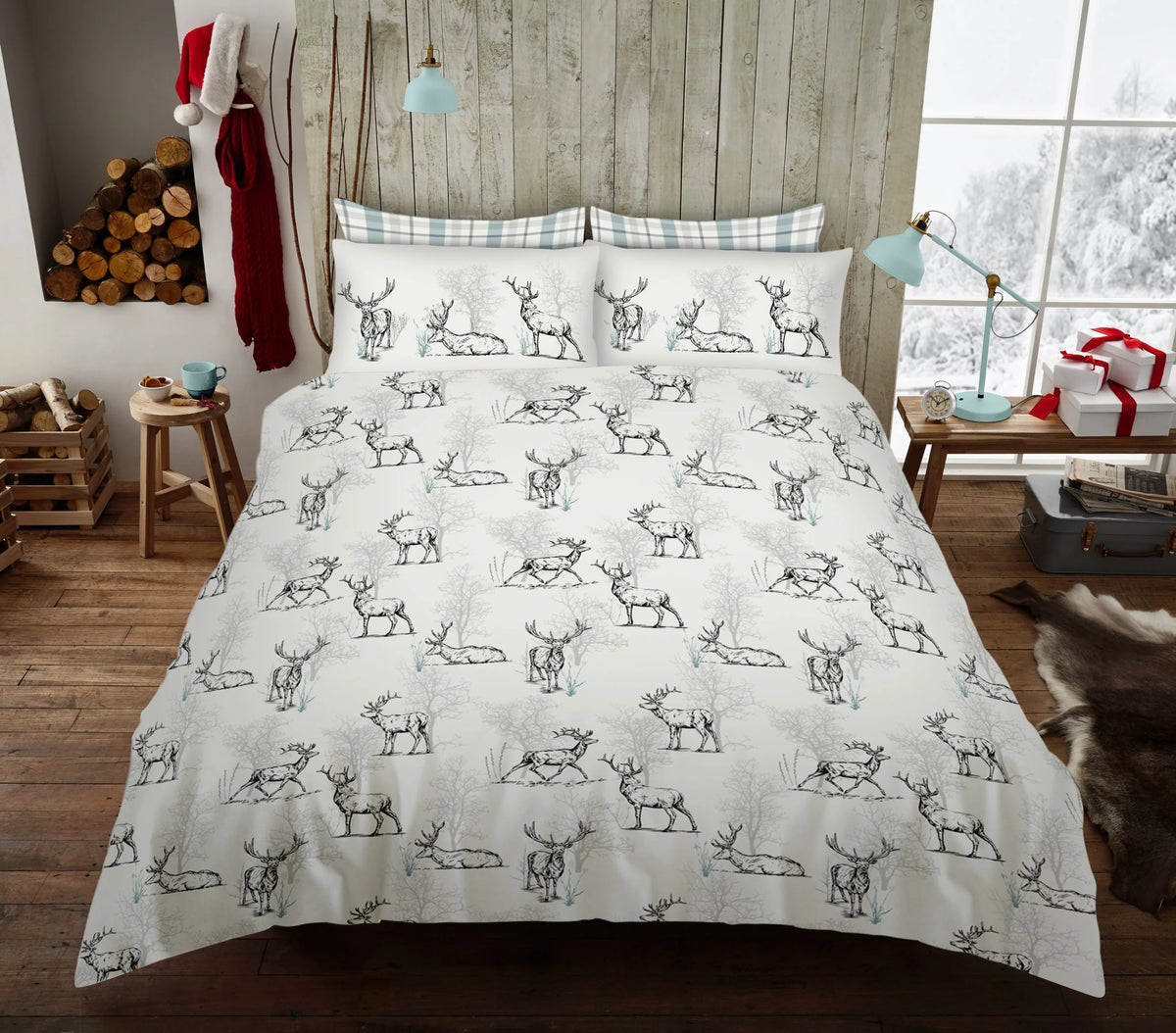Natural white stag sketch print reversible king duvet cover set with grey tartan check reverse 50% cotton 50% polyester with 2 pillowcases