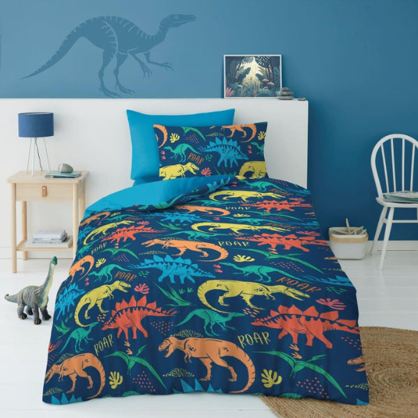 Navy kids single duvet cover set with bold all-over dinosaur print in teal, yellow orange and pink with ROAR text, 137x200 cm