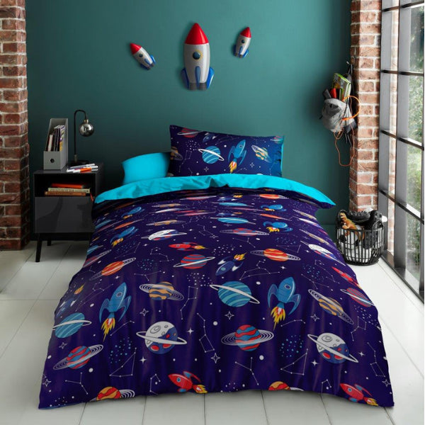 Navy kids single duvet cover set with all-over space print featuring colourful planets rockets stars and constellations 137x200cm