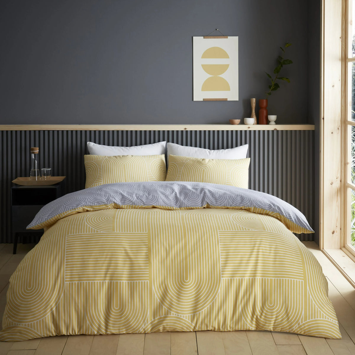 Ochre yellow grey arches king duvet set styled on bed