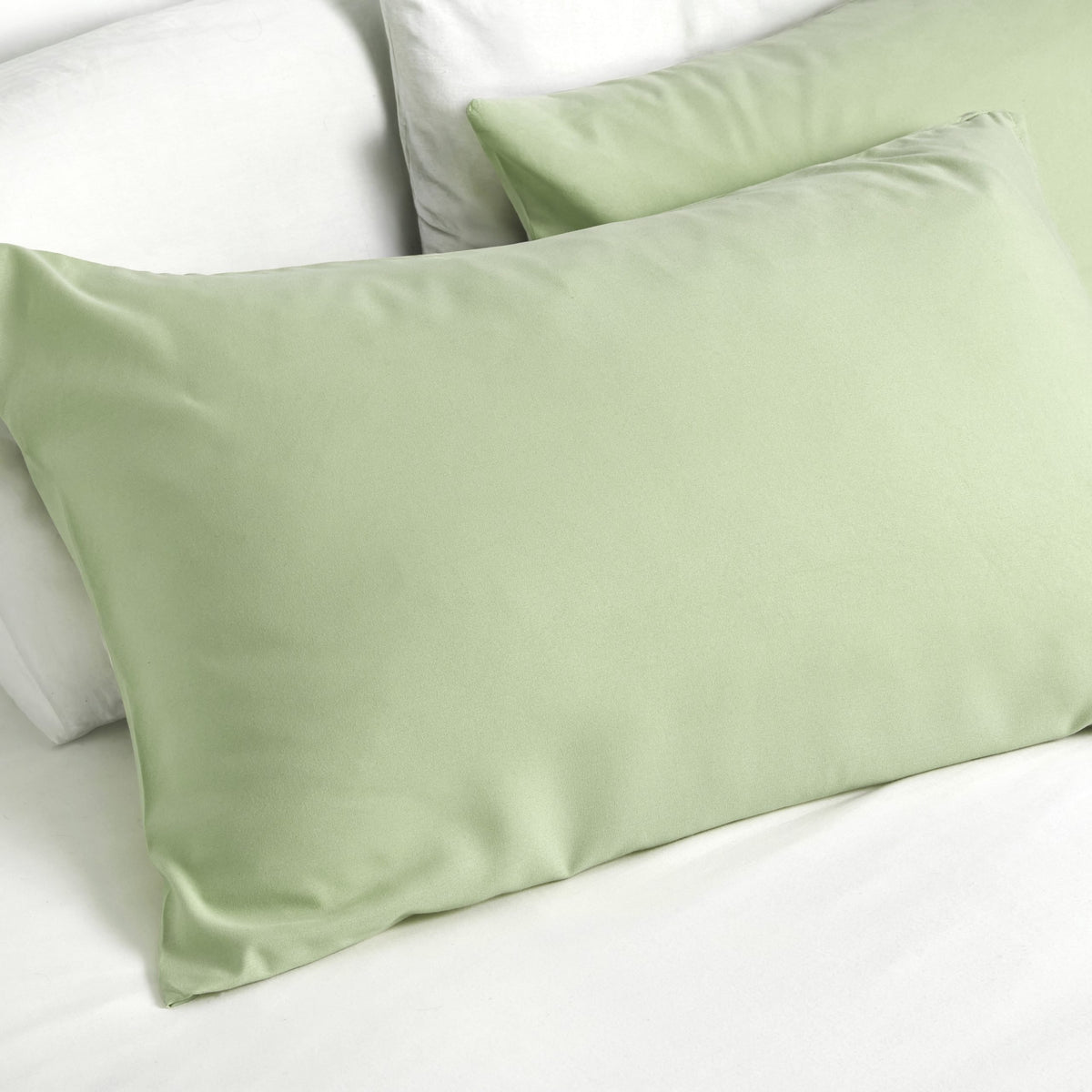 Close up of olive soft touch 100% polyester fabric non-iron pillowcase texture