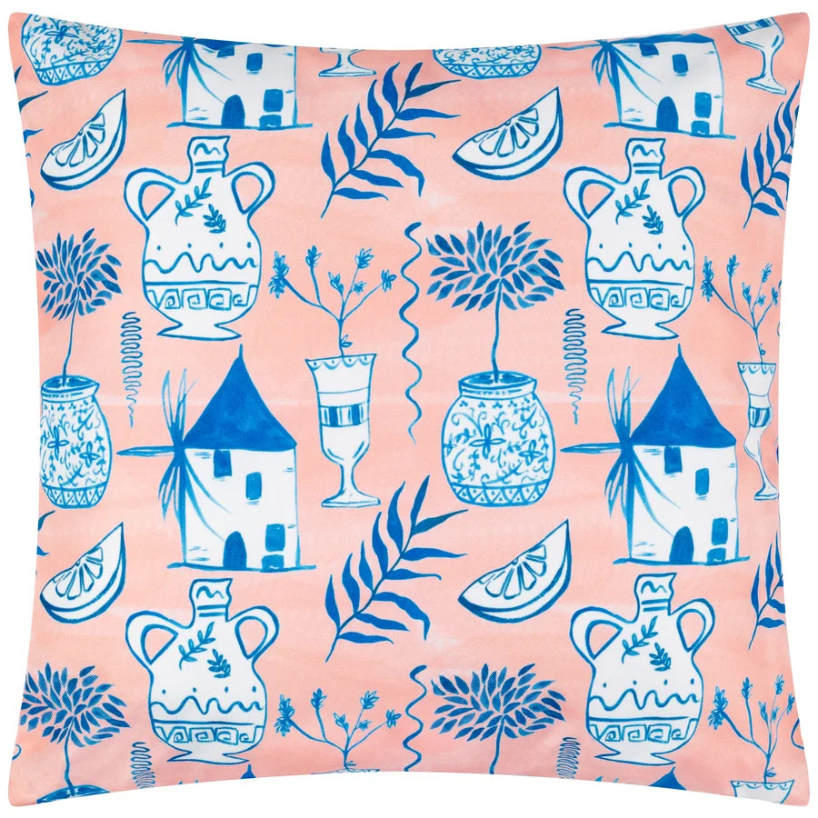 Peach outdoor cushion with cobalt blue art deco print of urns and windmills – furn.