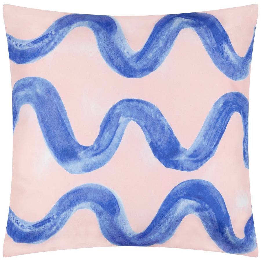 Reverse side of peach outdoor cushion with cobalt blue wave stripe print – furn.