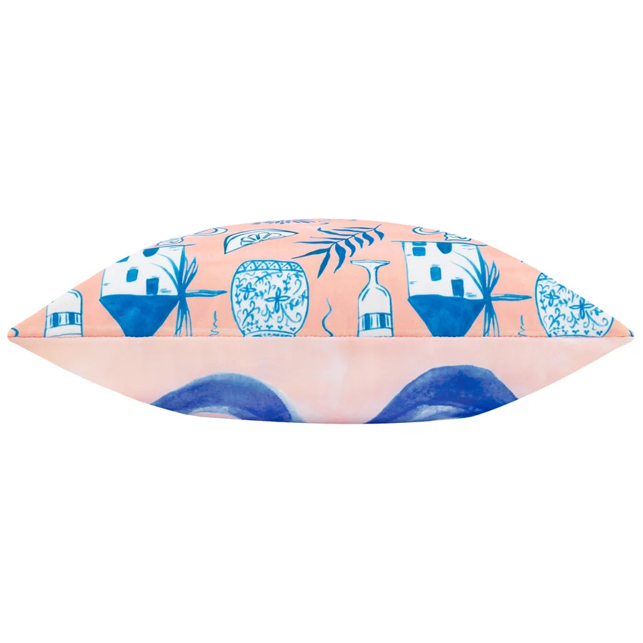 Side profile of peach outdoor cushion showing full fibre fill and both print designs – furn.
