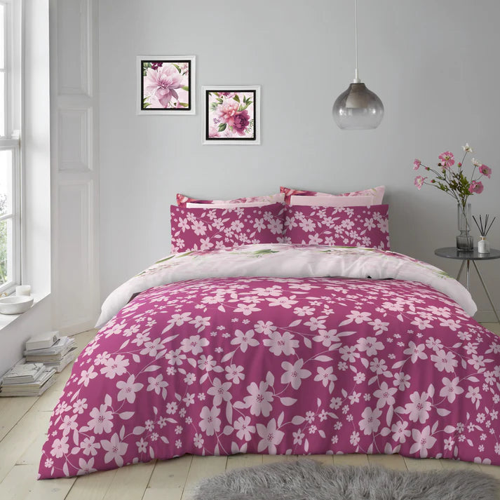 Pink ditsy floral reverse side of large-scale lily and peony king duvet cover set Snoozeville by Kumperi reversible design