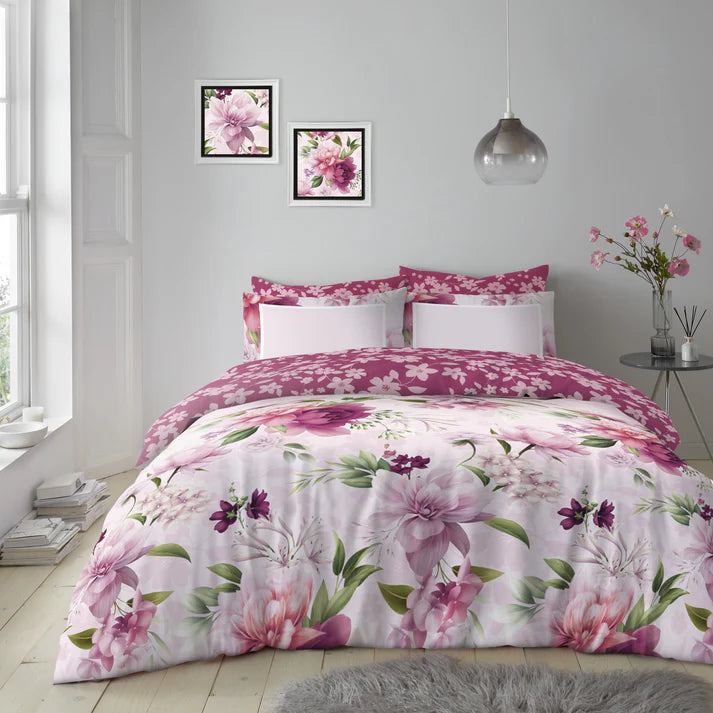 Pink king duvet cover set with large-scale lily and peony floral print in pink burgundy and green on light pink ground 230x220cm