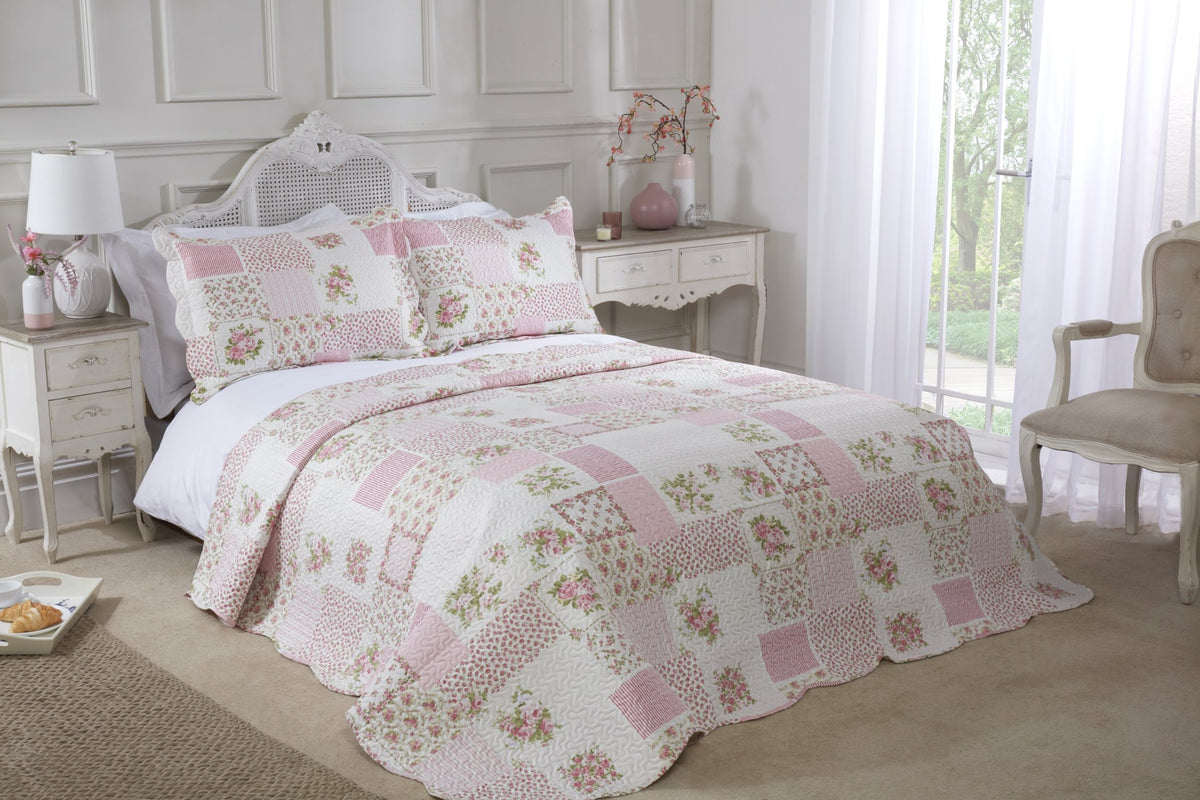 Pink luxury quilted patchwork floral bedspread set with scalloped edge and matching pillow shams