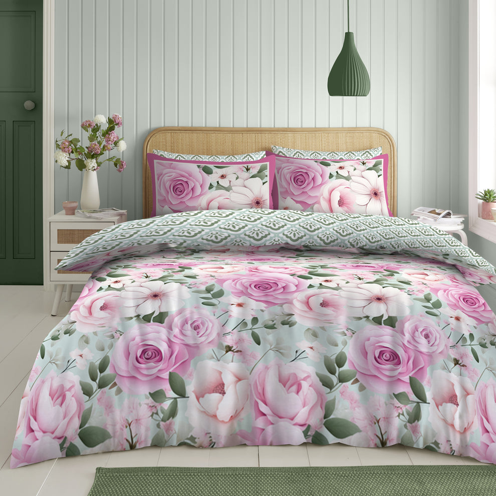 Pink rose and peony floral print king duvet cover set on white ground with green foliage detail, 230x220 cm, Snoozeville Celestial collection