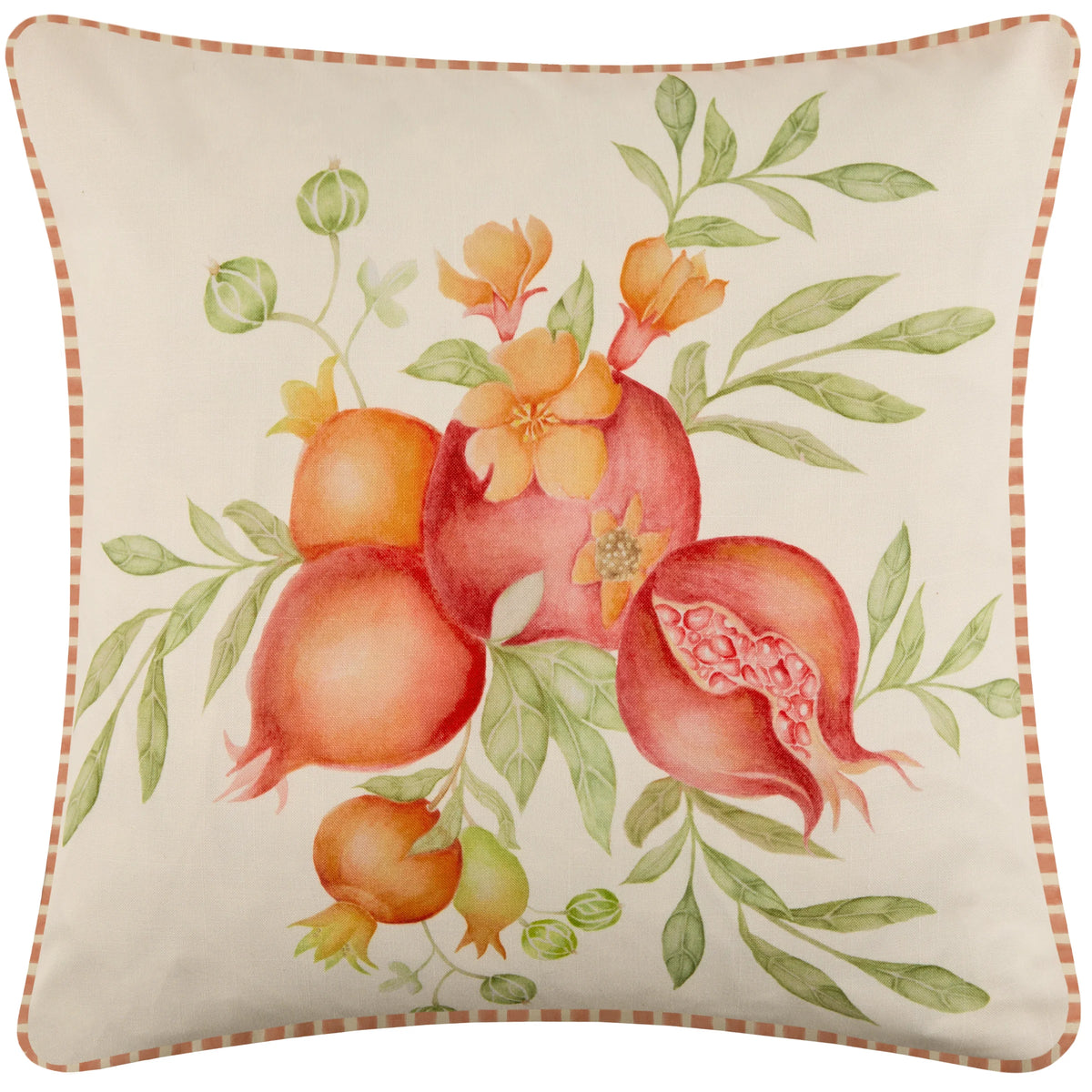 Square cream outdoor cushion with a cluster of red and orange pomegranates, one split open showing red seeds, surrounded by orange blossom flowers and olive green leaves, finished with a red and cream checked piped edge – Kumperi