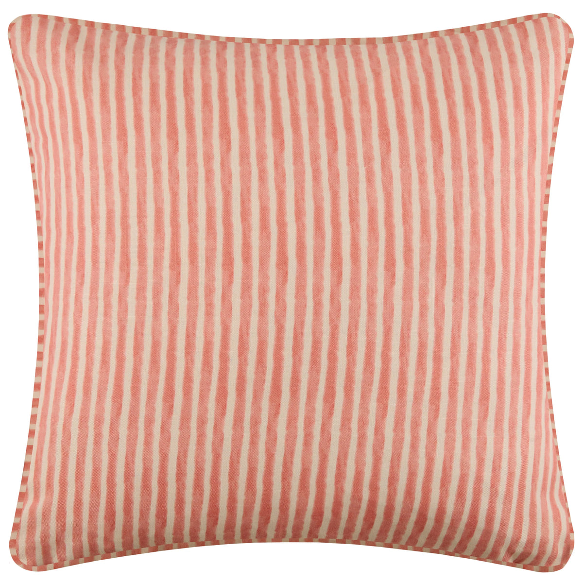 Reverse side of the cushion showing a vertical red and cream striped pattern with a matching red and cream checked piped edge – Kumperi