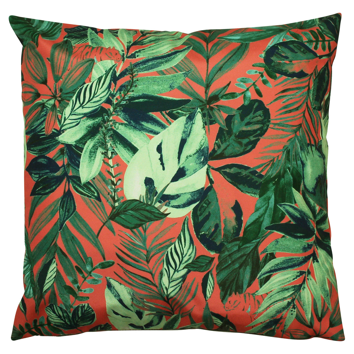 Square coral outdoor cushion covered in a dense jungle print of layered green palm, monstera and fern leaves in emerald, mint and dark green tones, with two hidden tiger motifs peeking through the foliage – Kumperi
