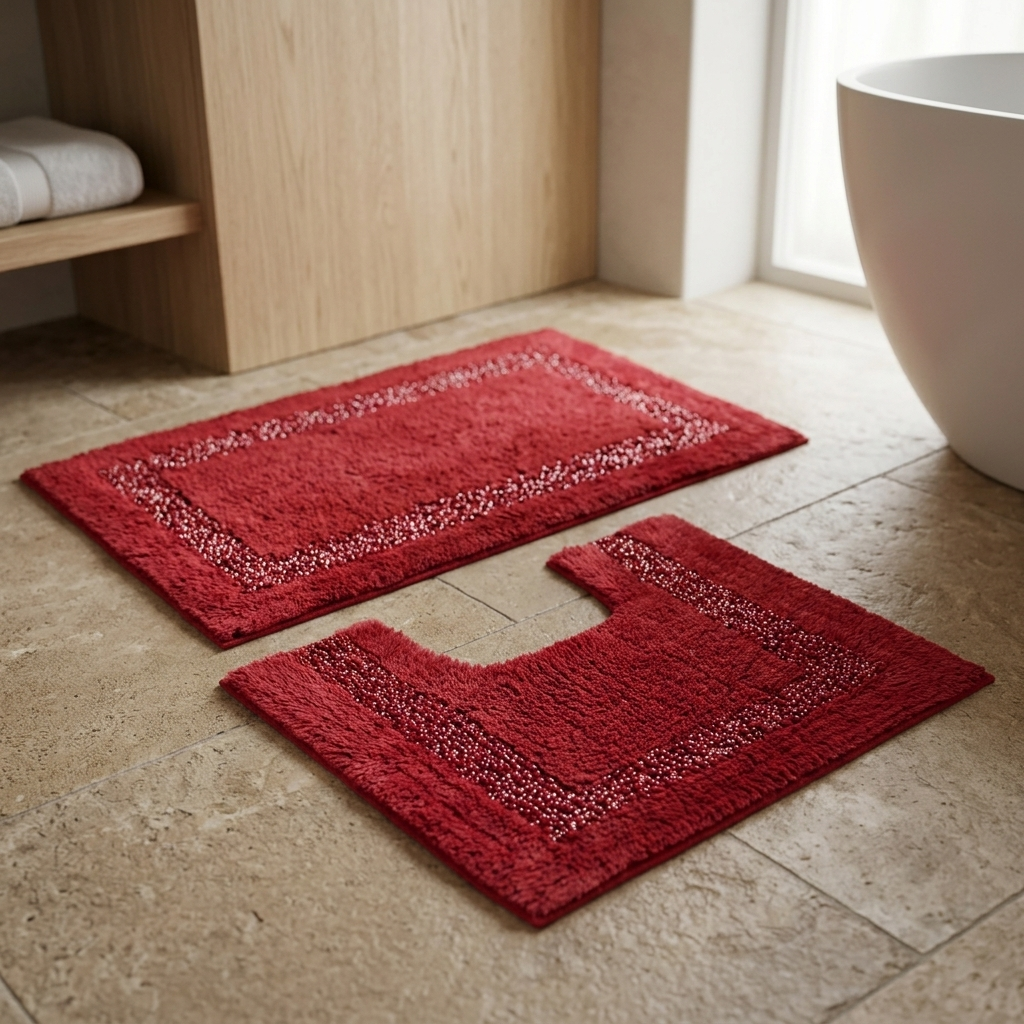 Red Brillare cotton bath mat and pedestal mat styled on a stone tiled bathroom floor beside a freestanding white bathtub and wooden vanity showing metallic sparkle border trim 2-piece set Emma Barclay Panache Home