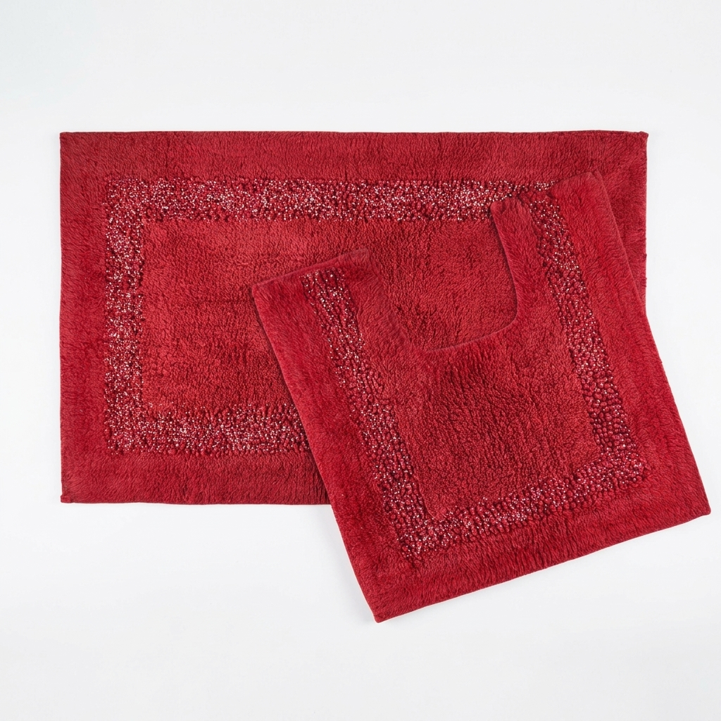 Red Brillare cotton bath mat and pedestal mat overlapping on a white studio background from an alternate angle highlighting raised bobble pile and metallic sparkle border trim Emma Barclay Panache Home